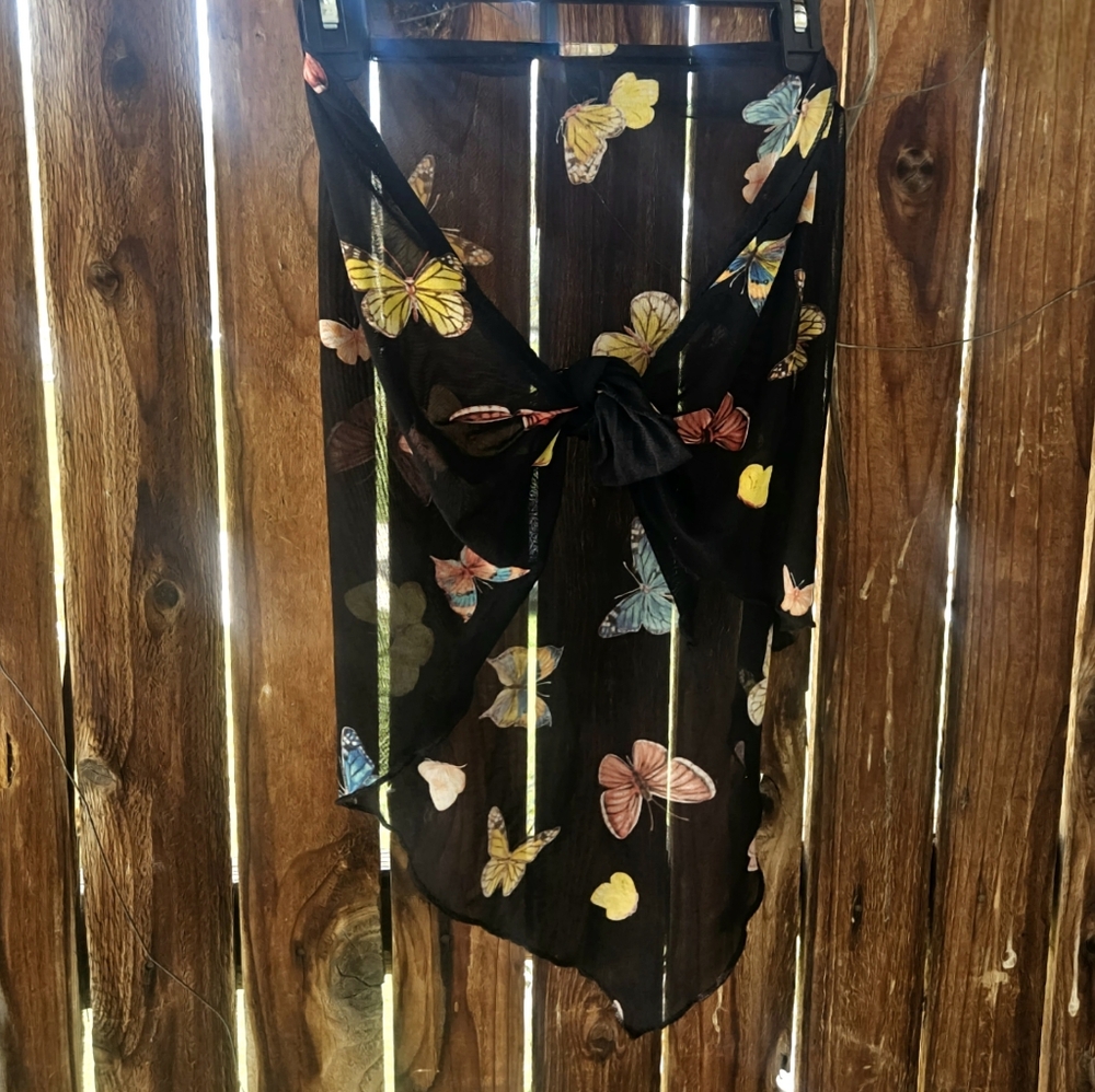 Windsor One Size Colorful Butterflies Black Sheer Bikini Wrap Crop Bandana Top